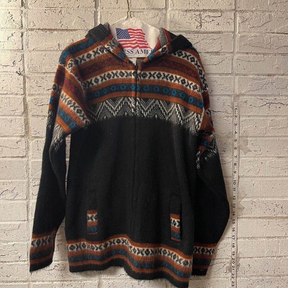 Yari Artesanias Medium Alpaca Wool Fair Isle Aztec Zip Front Sweater Hoodie